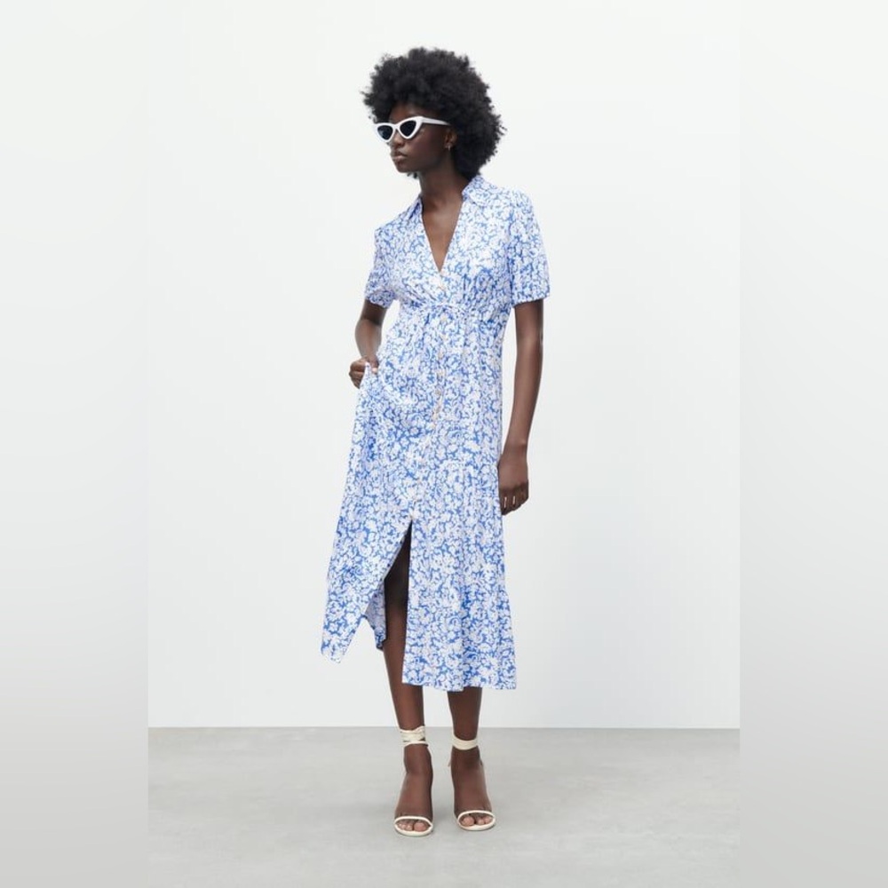 ZARA Blue White Floral Linen Blend Printed Midi Dress Size Small